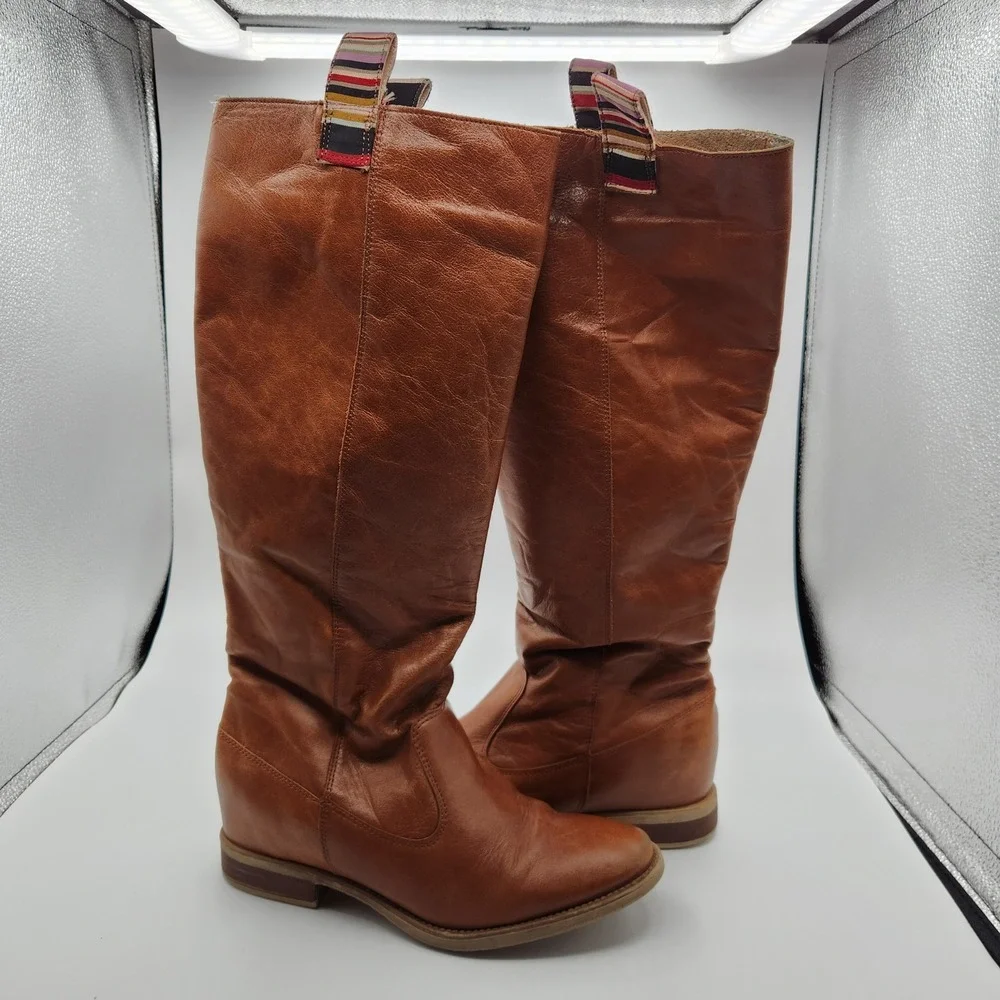 Anthropologie Tall Riding Boots Womens EU 38 Brown Leather Pull On Round Toe
